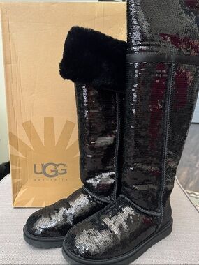 UGG Black Sequin Tall Fur-Cuff Boots